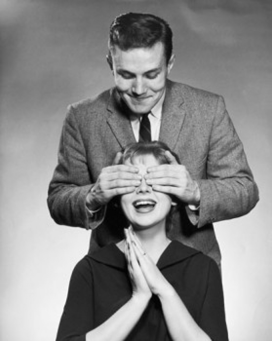 SAL2555865 Young Man Covering the Eyes of a Young Woman From Behind Poster Print - 18 x 24 in.