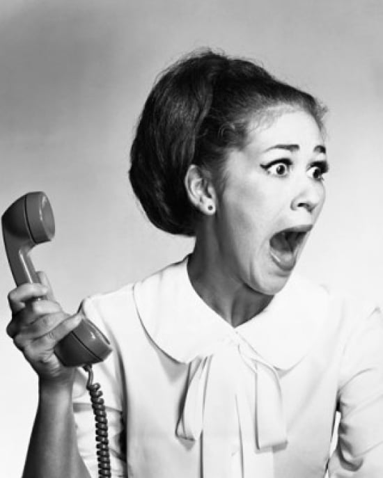 Close-Up of a Young Woman Holding a Telephone Receiver & Shouting Poster Print