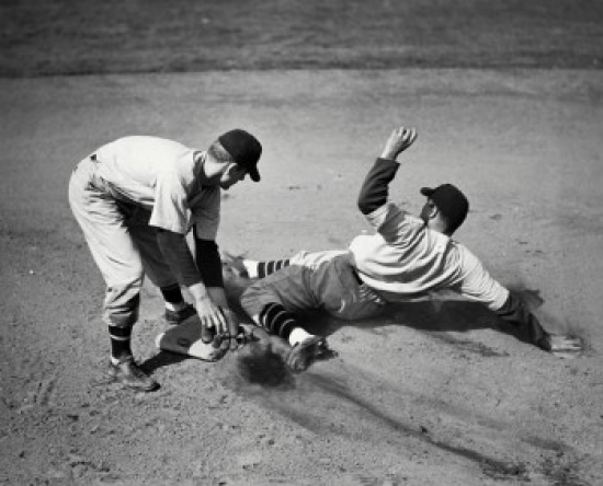 Baseball Player Sliding on Base & Another Player Trying to Tag Him Poster Print - 18 x 24 in.