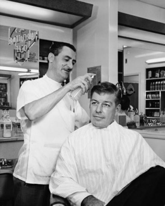 SAL2557863 Barber Spraying Hair of a Mid Adult Man in a Salon Poster Print - 18 x 24 in.