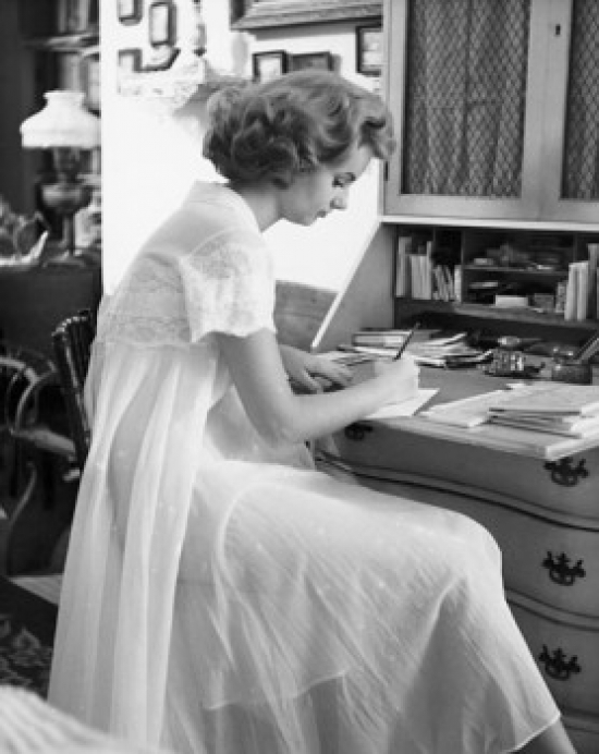 Side Profile of a Young Woman Writing a Letter Poster Print - 18 x 24 in.
