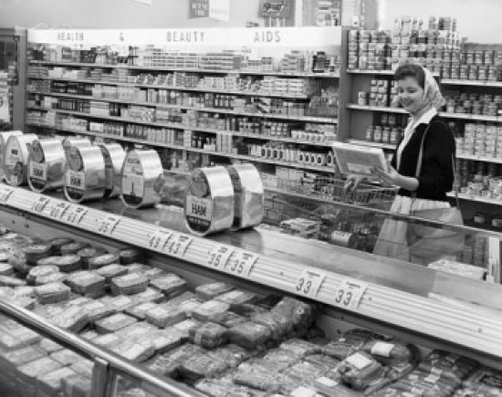 Side Profile of a Young Woman Choosing Pre-Packaged Food in a Store Poster Print