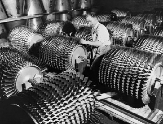 Manual Worker Working on Compressor Rotors in a Jet Engine Factory Poster Print - 18 x 24 in.