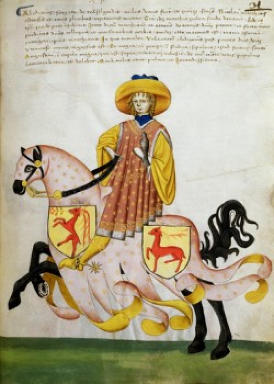 Gold Knight & Pink Horse-Capodilista Codex Manuscript Illumination Biblioteca Civica Padua Print - 18 x 24 in.