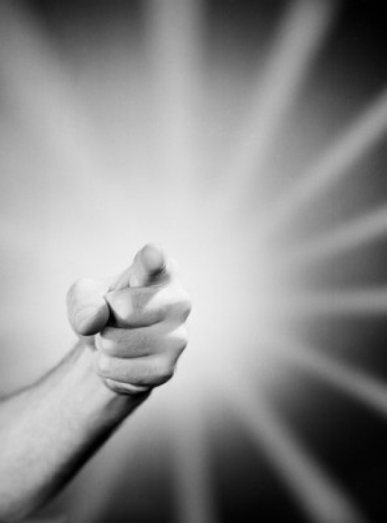 Hand Pointing Light Beams in Background Poster Print - 18 x 24 in.
