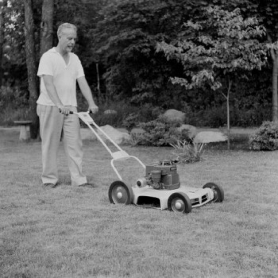 Mature Man Lawn Mowing Poster Print - 18 x 24 in.