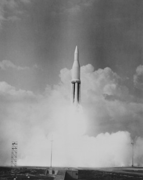 Space Rocket Taking Off From Launch Pad Poster Print - 18 x 24 in.