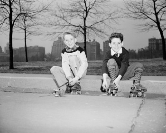 Two Boys with Roller Skates Sitting on Curb Poster Print - 18 x 24 in.
