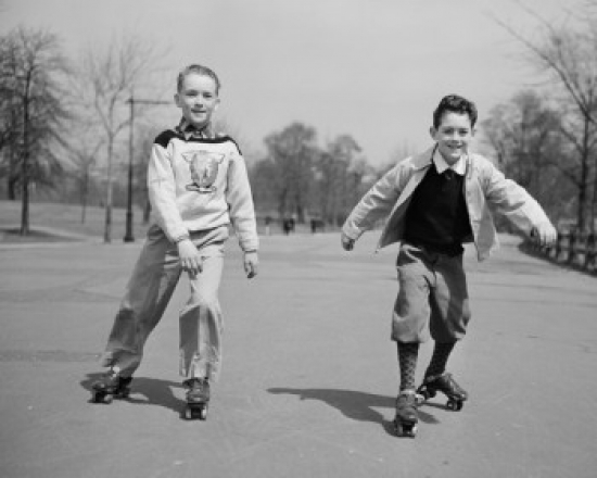 Two Boys Roller Skating in Park Poster Print - 18 x 24 in.