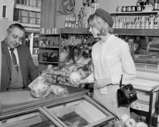 Customer & Clerk in Grocery Store Poster Print - 18 x 24 in.