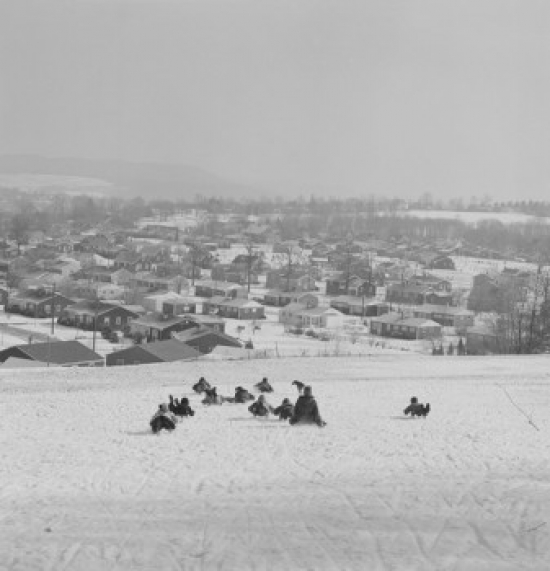 Children Sledding Down Hill Poster Print - 18 x 24 in.