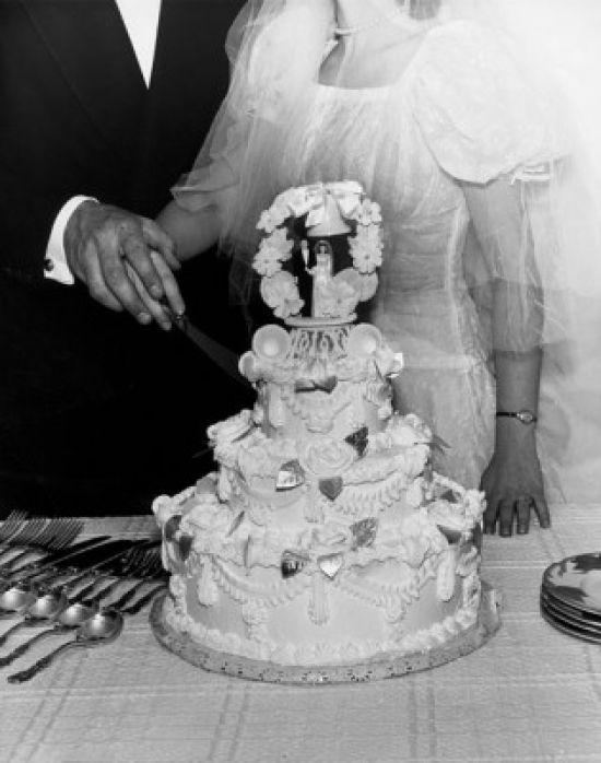 SAL2554243 Mid Section View of a Newlywed Couple Cutting a Wedding Cake Poster Print - 18 x 24 in.