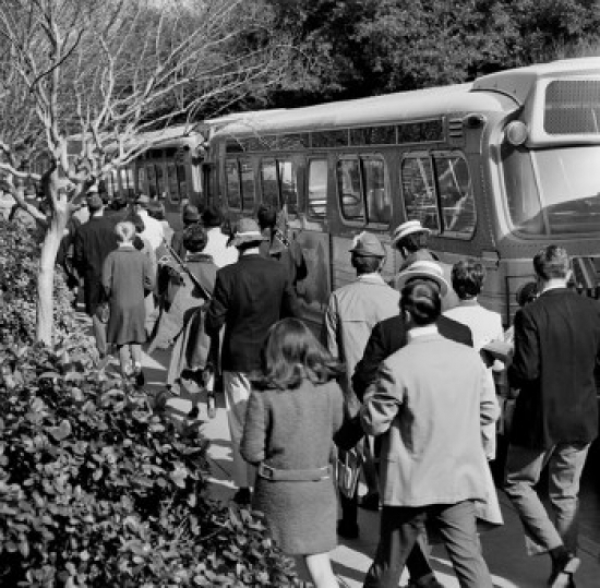 People Walking Past Bus Poster Print - 18 x 24 in.