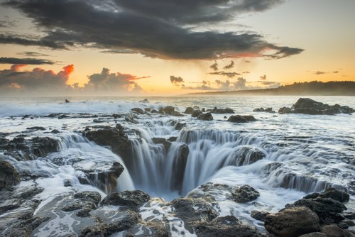 Surf Spills Into A Hole in a Rock Outcrop On The East Side of Kauai - Kauai Hawaii United States of America Poster Print by Carl Johnson - 19 x 12