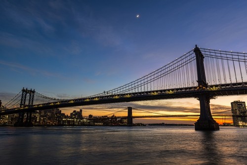 Manhattan & Brooklyn Bridges At Twilight - New York City United States of America Poster Print by F. M. Kearney - 19 x 12