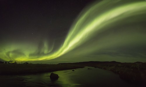 DPI12296384LARGE Northern Lights Over A River & Farm in Northeast Iceland - Iceland Poster Print by Robert Postma, 40 x 24 - Large