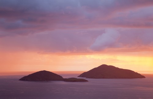 Small Islands Out in The Ocean with A Dramatic Colourful Sky At Sunset - Caherdaniel County Kerry Ireland Poster Print by Peter Zoeller - 19 x 12