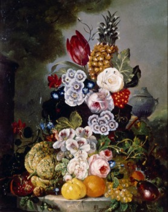 Still Life with Fruit & Flowers on Stone Ledge by Francois Joseph Huygens 1820-1908 Poster Print - 18 x 24 in.