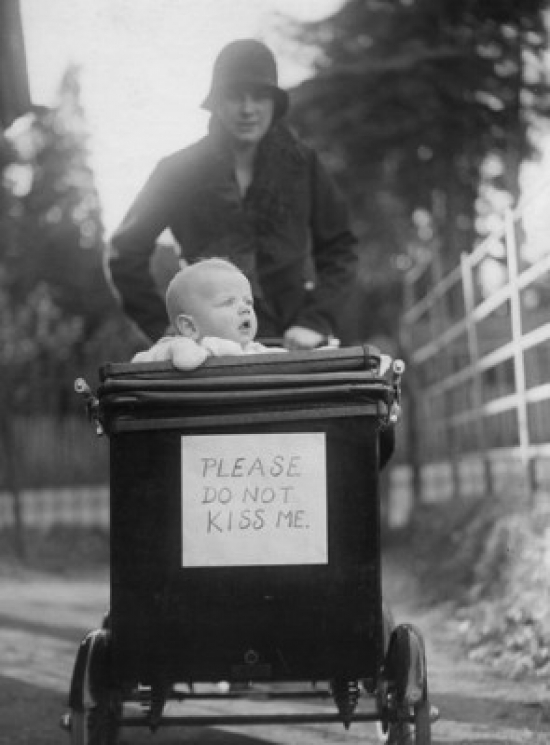 SAL990359108 Mother with Baby in Baby Stroller with Please Do Not Kiss Me Placard Poster Print - 18 x 24 in.