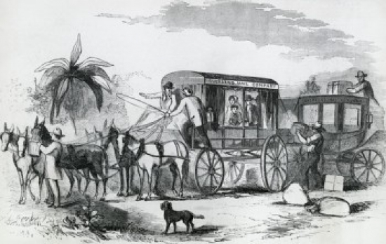 Changing Stagecoach for Celerity Wagon on the Overland Mail 1858 Artist Unknown Poster Print - 18 x 24 in.