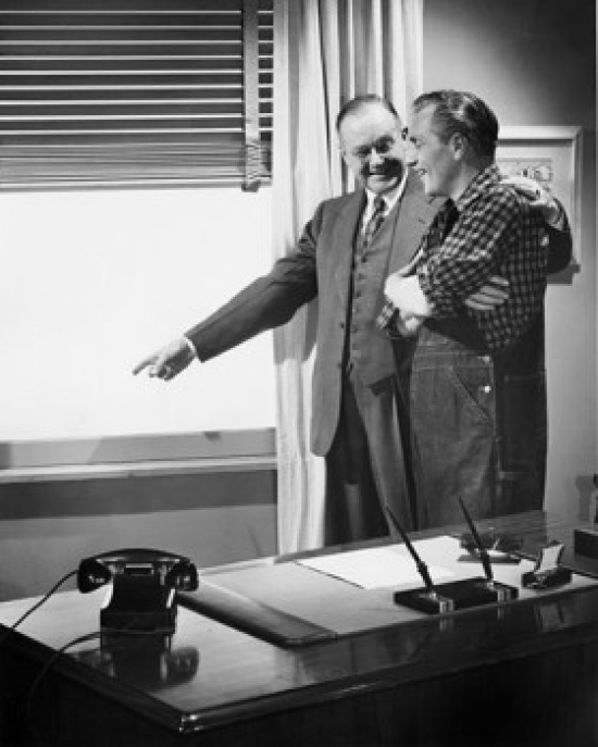 Businessman & Farmer Looking Through Window Poster Print - 18 x 24 in.