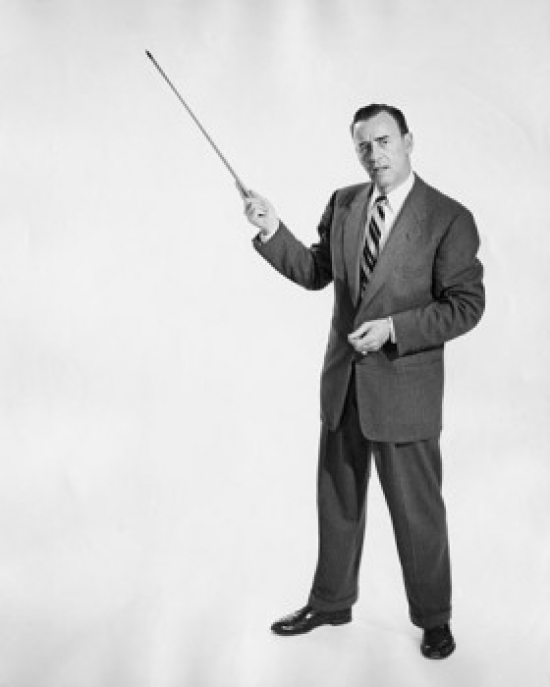 Businessman Pointing Upwards with Pointer Stick Poster Print - 18 x 24 in.