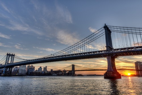 Sun Setting Behind Manhattan & Brooklyn Bridges - New York City United States of America Poster Print by F. M. Kearney - 19 x 12
