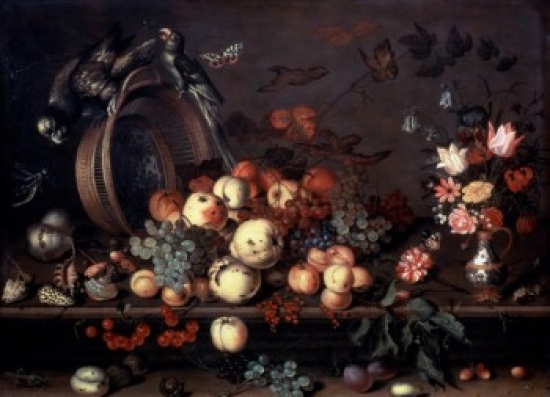 Still Life with Fruit Flowers & Parrots 1620 Balthasar Van Der Ast 1593-1654 Dutch Oil on Canvas State Hermitage - 18 x 24 in.