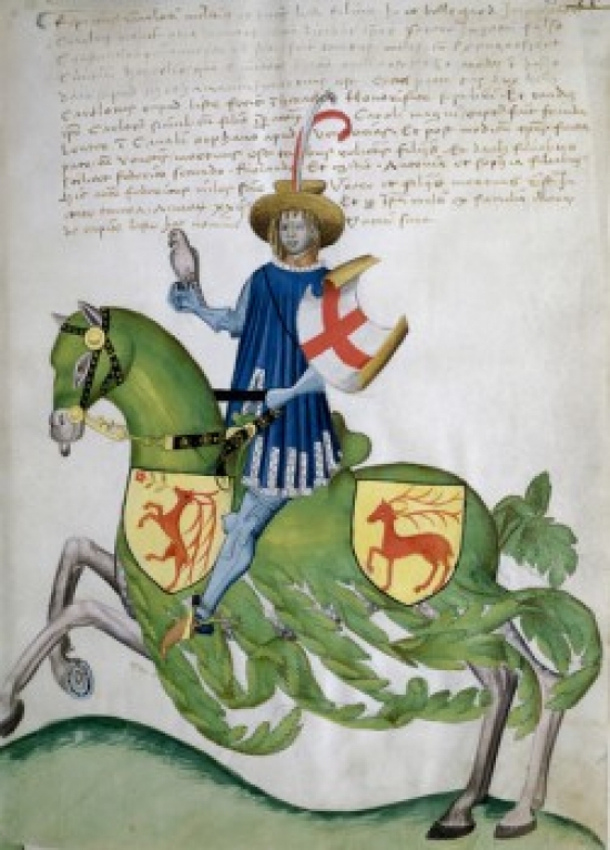 Knight in Blue Tunic on Green Horse-Capodilista Codex Manuscript Illumination Biblioteca Civica Padua Print - 18 x 24 in.