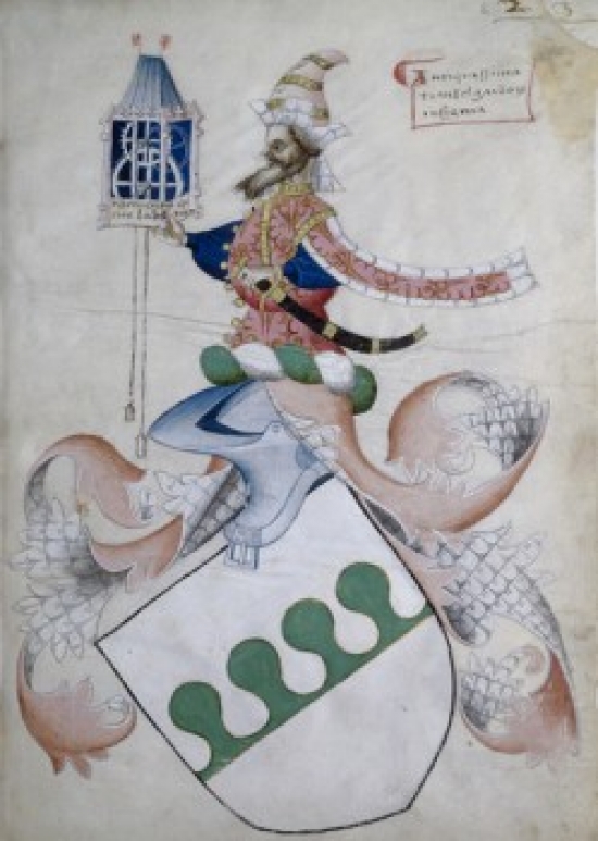 Knight Riding on a Green & White Shield-Capodilista Codex Manuscript Illumination Biblioteca Civica Padua - 18 x 24 in.