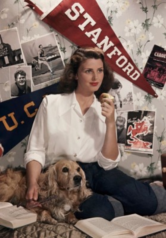 Young Woman Sitting on the Bed with Her Dog Poster Print
