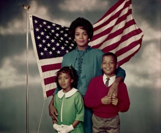SAL3811361918 Portrait of a Mid Adult Woman Standing with Her Daughter & Son in Front of an American Flag Poster Print - 18 x 24 in.