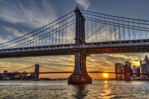 DPI12305175 Sun Setting Behind Manhattan & Brooklyn Bridges - New York City United States of America Poster Print by F. M. Kearney, 19 x 12