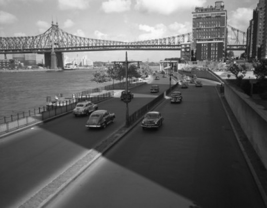 USA New York State New York City Street & Bridge Over River Poster Print - 18 x 24 in.