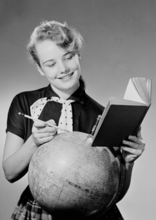 Girl Reading Book & Globe Poster Print - 18 x 24 in.