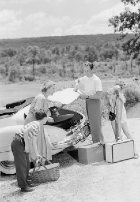 Parents with Children Loading Suitcases Into Car Poster Print - 18 x 24 in.