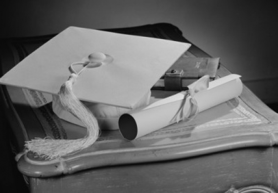 Graduation Diploma & Mortar Board on Bedside Table Poster Print - 18 x 24 in.