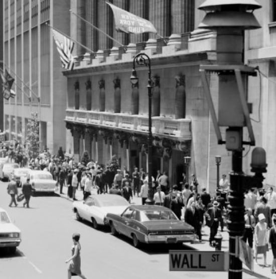 USA New York State New York City Wall Street & Broad Street with View of Stock Exchange Poster Print