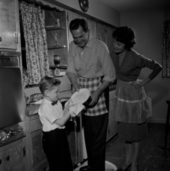Parents & Son Washing Dishes Poster Print - 18 x 24 in.