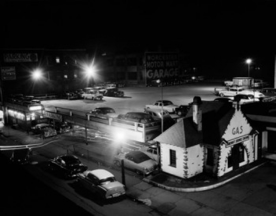 SAL255424821 USA Massachusetts Worcester Night View of Gasoline Station & Double Decker Parking Lot Poster Print - 18 x 24 in -  Posterazzi