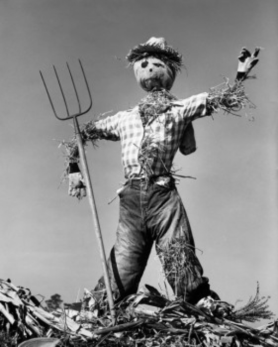 Low Angle View of a Scarecrow with a Pitchfork Poster Print - 18 x 24 in.