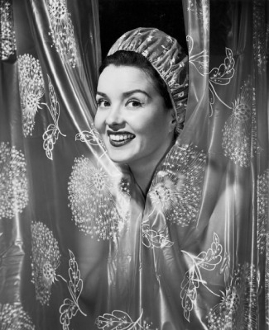 SAL25542547 Portrait of a Young Woman Covering Herself with Shower Curtain in a Bathroom Poster Print - 18 x 24 in.