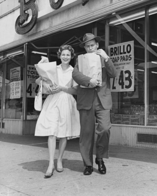 SAL25543748 Mid Adult Couple Carrying Shopping Bags in Front of a Store Poster Print - 18 x 24 in.