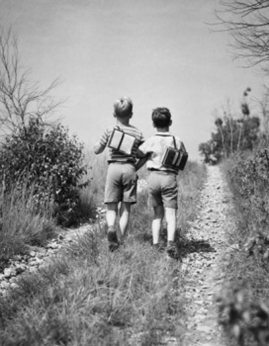 SAL25543777 Rear View of Two Schoolboys Walking Together Along Field Path Poster Print - 18 x 24 in.
