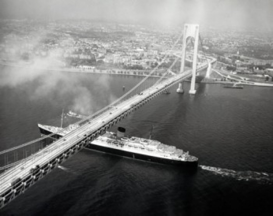 USA New York State New York City High Angle View of Cruise Ship Passing Under Verrazano-Narrows Bridge Print - 18 x 24 in.