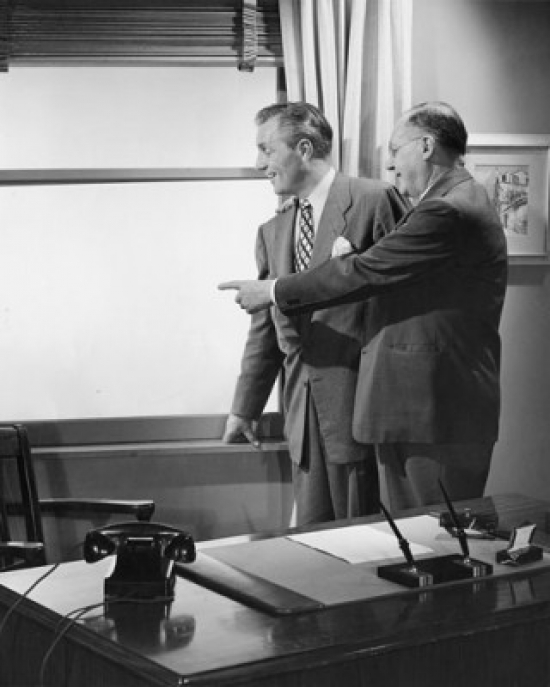 Businessman & Farmer Looking Through Window Poster Print - 18 x 24 in.
