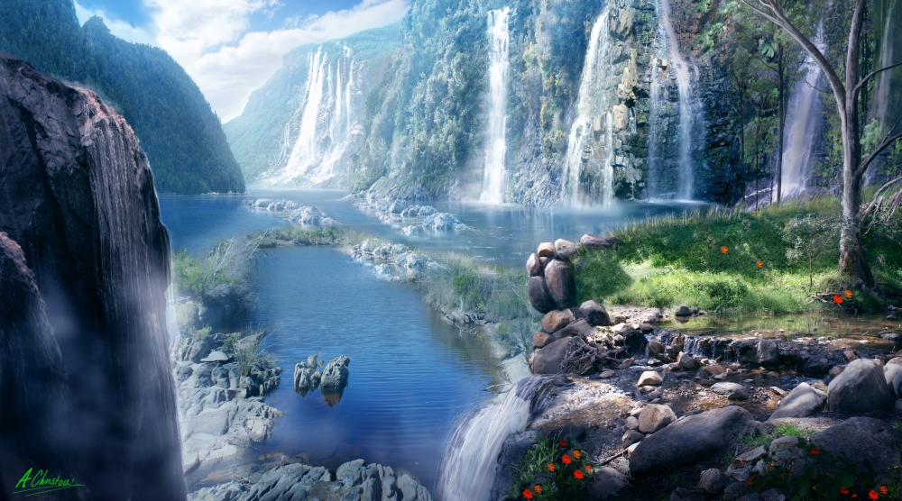 PAIAC021 Waterfall Paradise Poster Print by Anthony Christou - 28 x 16 in.