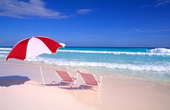 PDDCA45BBA0026 Beach Umbrella & Chairs Caribbean Poster Print by Bill Bachmann - 26 x 17 in.