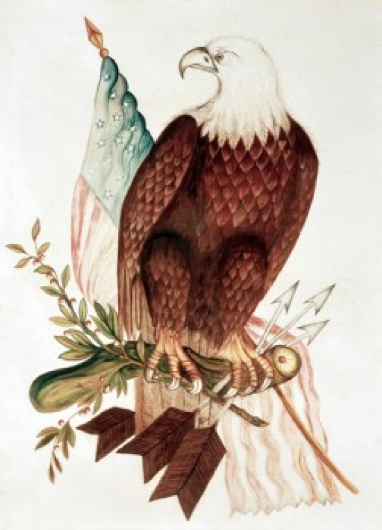 SAL900124782 Bald Eagle with American Flag 19th Century Naive Art Nostalgia Cards Illustration Poster Print - 18 x 24 in.