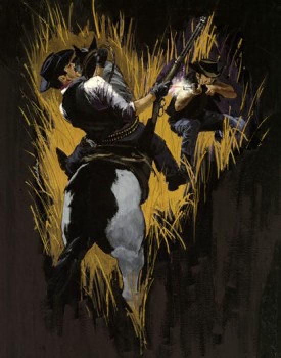 Two Cowboys Having Duel at Night Poster Print - 18 x 24 in.